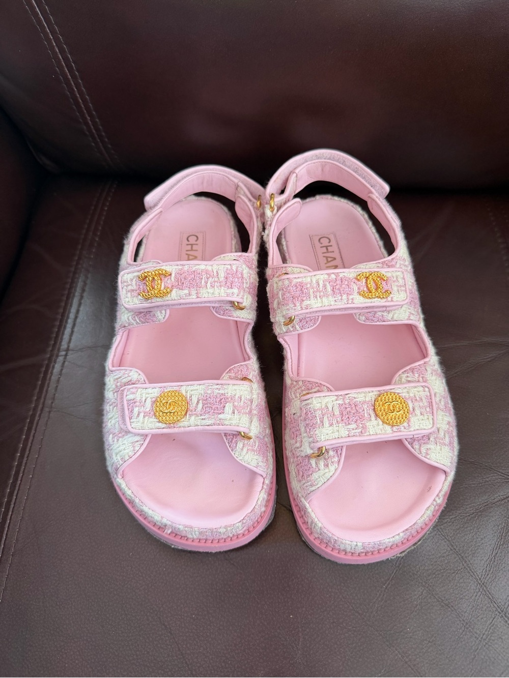 CHANEL Pink Tweed Sandals 38